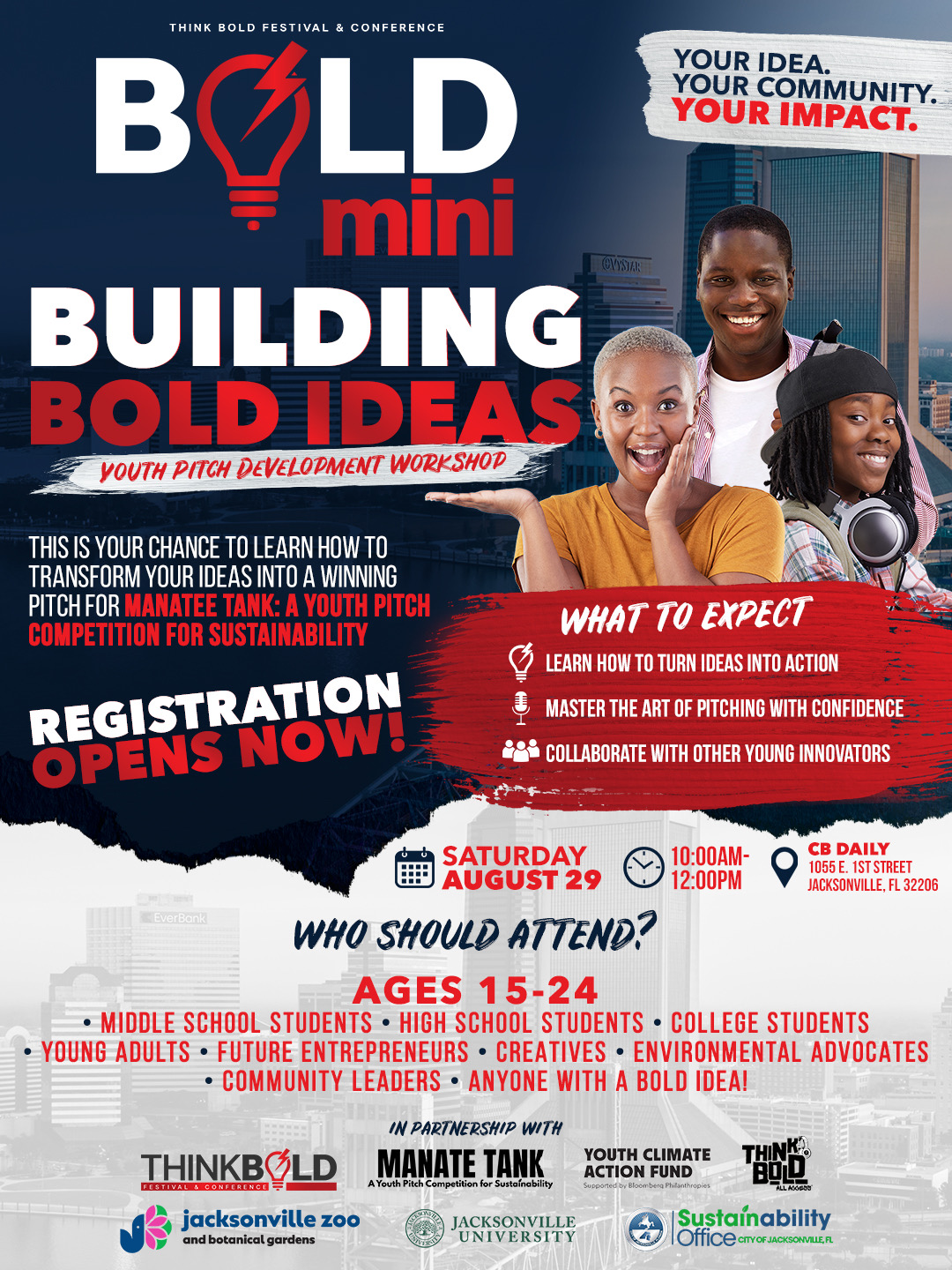 Bold Mini: Building Bold Ideas youth pitch development workshop flyer — Saturday August 29, 10AM to 12PM at CB Daily, Jacksonville