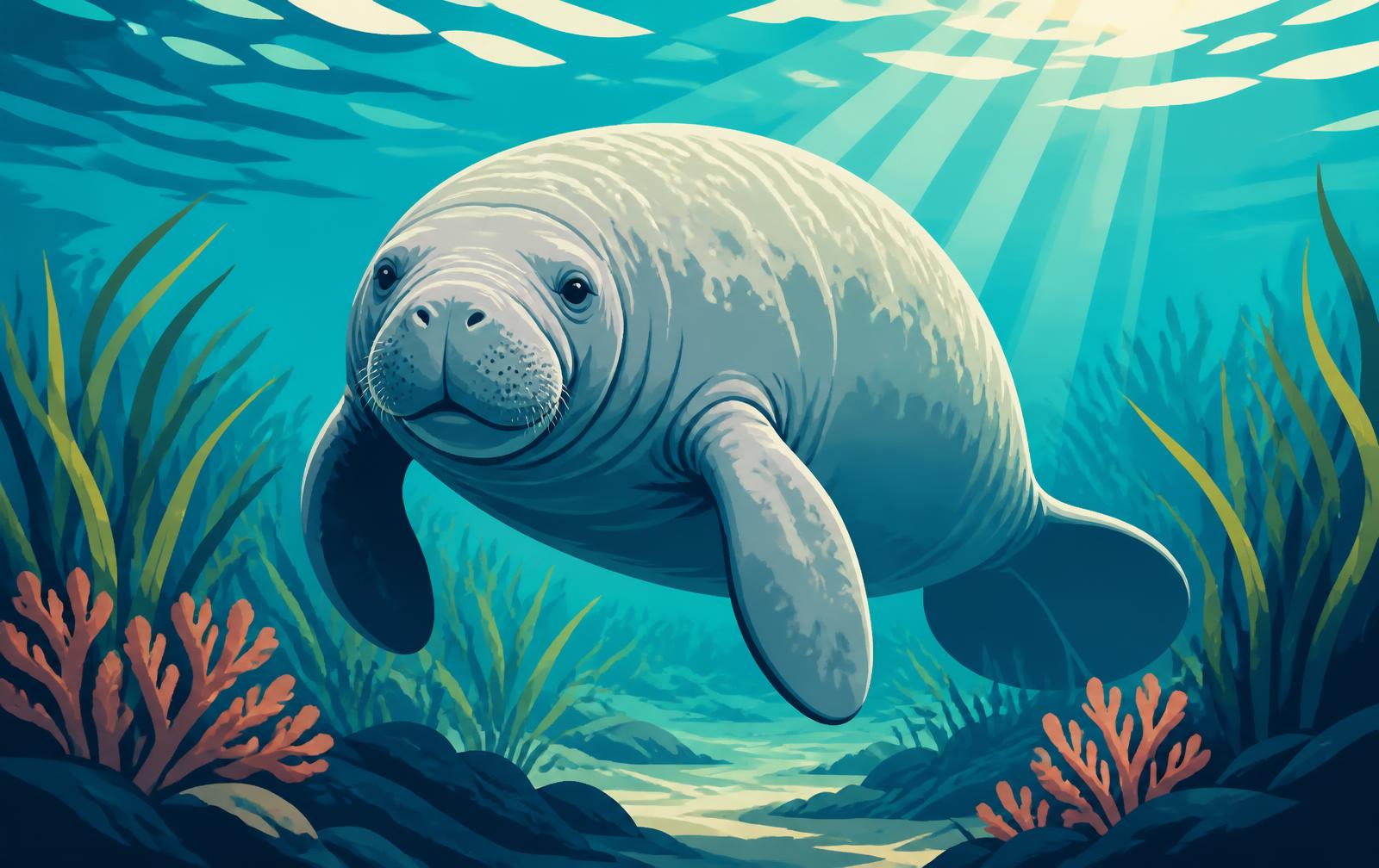 Illustration of a manatee gliding through sunlit turquoise water